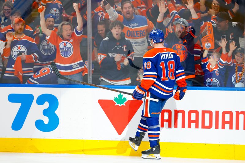 May 25, 2025; Edmonton, Alberta, CAN; Edmonton Oilers left wing Zach Hyman (18) celebrates after he scores a goal against the Dallas Stars during the third period in game three of the Western Conference Final of the 2025 Stanley Cup Playoffs at Rogers Place. Mandatory Credit: Perry Nelson-Imagn Images