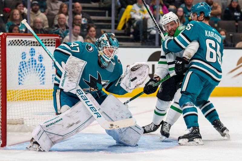 Jan 18, 2023; San Jose, California, USA;  San Jose Sharks goaltender James Reimer (47) makes a save during the third period against the Dallas Stars at SAP Center at San Jose. Mandatory Credit: Neville E. Guard-USA TODAY Sports