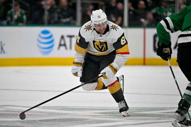 Apr 22, 2024; Dallas, Texas, USA; Vegas Golden Knights right wing Jonathan Marchessault (81) skates against the Dallas Stars during the third period in game one of the first round of the 2024 Stanley Cup Playoffs at the American Airlines Center. Mandatory Credit: Jerome Miron-USA TODAY Sports