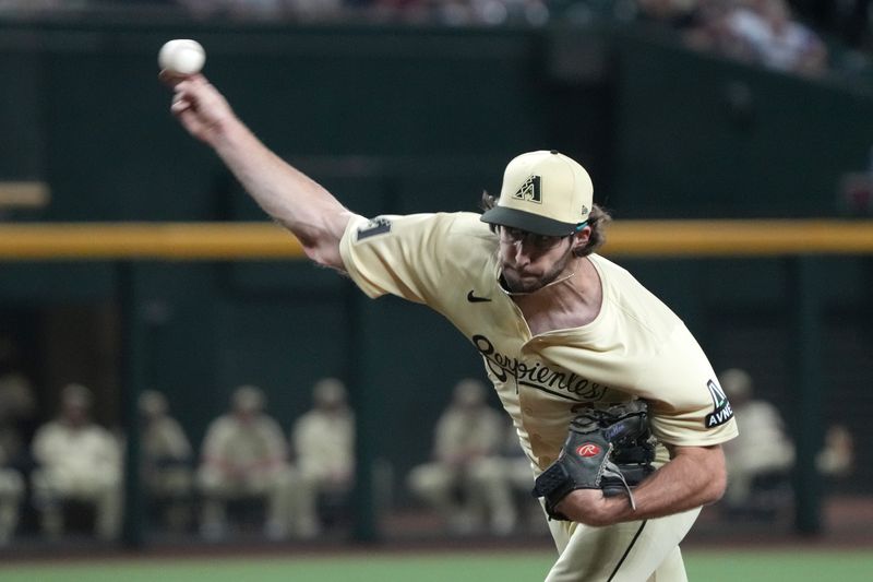 Sep 10, 2024; Phoenix, Arizona, USA; Arizona Diamondbacks pitcher Zac Gallen (23) throws against the Texas Rangers in the first inning at Chase Field. Mandatory Credit: Rick Scuteri-Imagn Images