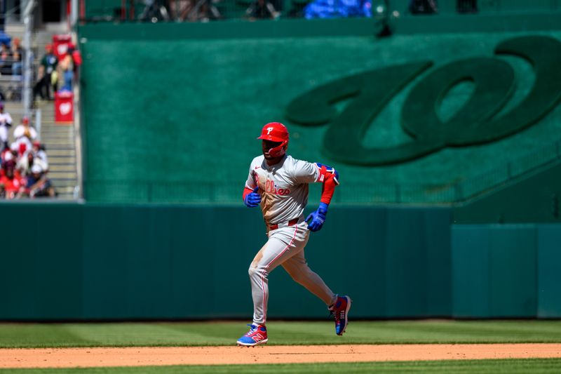 Apr 7, 2024; Washington, District of Columbia, USA; Philadelphia Phillies second base Edmundo Sosa (33) rounds the bases after hitting a home run during the fifth inning against the Washington Nationals at Nationals Park. Mandatory Credit: Reggie Hildred-USA TODAY Sports