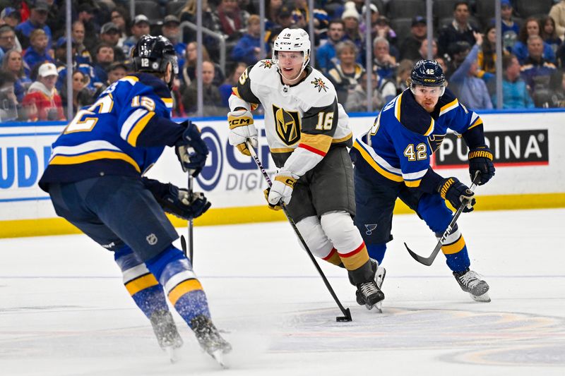 Mar 25, 2024; St. Louis, Missouri, USA;  Vegas Golden Knights left wing Pavel Dorofeyev (16) controls the puck as St. Louis Blues right wing Kasperi Kapanen (42) and right wing Kevin Hayes (12) defend during the first period at Enterprise Center. Mandatory Credit: Jeff Curry-USA TODAY Sports