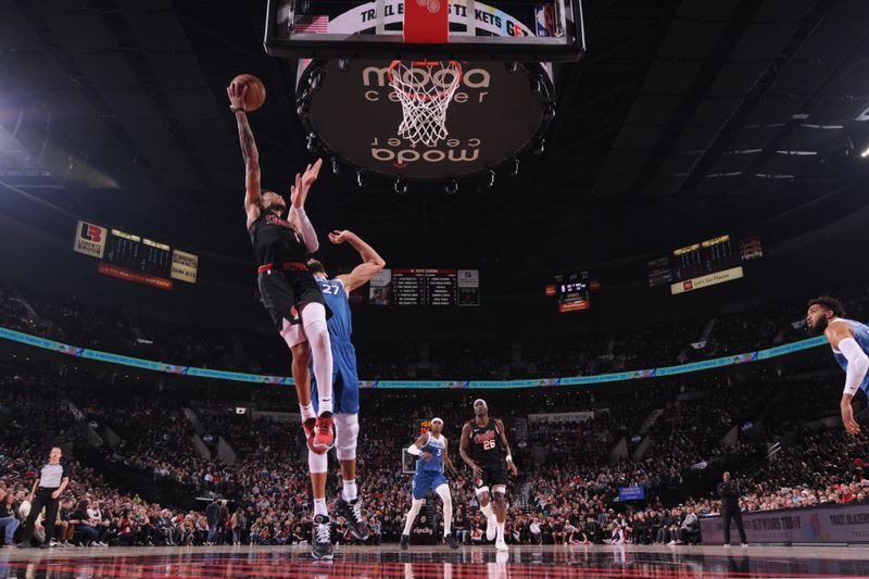 PORTLAND, OR - FEBRUARY 15: Anfernee Simons #1 of the Portland Trail Blazers shoots the ball during the game against the Minnesota Timberwolves on February 15, 2024 at the Moda Center Arena in Portland, Oregon. NOTE TO USER: User expressly acknowledges and agrees that, by downloading and or using this photograph, user is consenting to the terms and conditions of the Getty Images License Agreement. Mandatory Copyright Notice: Copyright 2024 NBAE (Photo by Cameron Browne/NBAE via Getty Images)