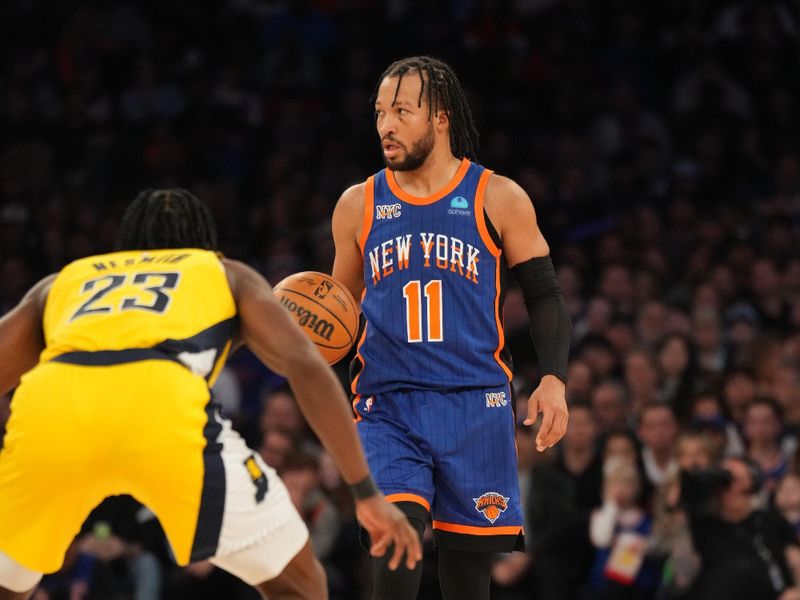 NEW YORK, NY - FEBRUARY 10: Jalen Brunson #11 of the New York Knicks dribbles the ball during the game against the Indiana Pacers on February 10, 2024 at Madison Square Garden in New York City, New York.  NOTE TO USER: User expressly acknowledges and agrees that, by downloading and or using this photograph, User is consenting to the terms and conditions of the Getty Images License Agreement. Mandatory Copyright Notice: Copyright 2024 NBAE  (Photo by Jesse D. Garrabrant/NBAE via Getty Images)