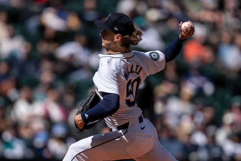 Apr 17, 2024; Seattle, Washington, USA; Seattle Mariners starter Bryce Miller (50) delivers a pitch during the fourth inning against the Cincinnati Reds at T-Mobile Park. Mandatory Credit: Stephen Brashear-USA TODAY Sports