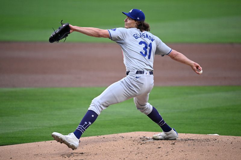 May 10, 2024; San Diego, California, USA; Los Angeles Dodgers starting pitcher Tyler Glasnow (31) throws a pitch against the San Diego Padres during the first inning at Petco Park. Mandatory Credit: Orlando Ramirez-USA TODAY Sports