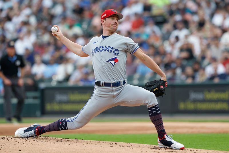 Jul 4, 2023; Chicago, Illinois, USA; Toronto Blue Jays starting pitcher Chris Bassitt (40) delivers a pitch against the Chicago White Sox during the first inning at Guaranteed Rate Field. Mandatory Credit: Kamil Krzaczynski-USA TODAY Sports