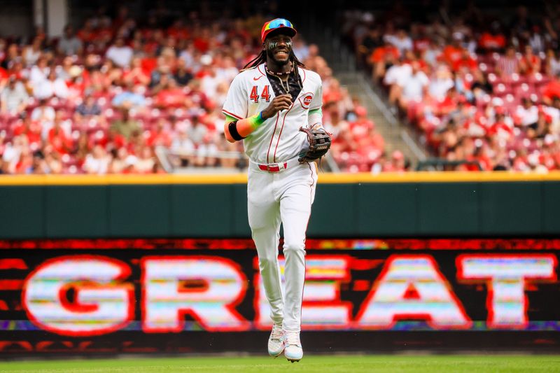 Sep 22, 2024; Cincinnati, Ohio, USA; Cincinnati Reds shortstop Elly De La Cruz (44) runs off the field in the fourth inning against the Pittsburgh Pirates at Great American Ball Park. Mandatory Credit: Katie Stratman-Imagn Images