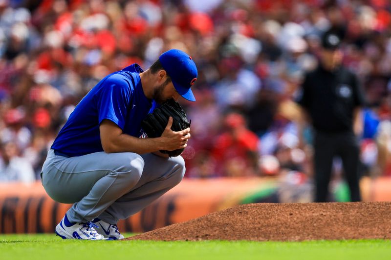 May 24, 2025; Cincinnati, Ohio, USA; Chicago Cubs starting pitcher Colin Rea (53) prepares to pitch in the first inning against the Cincinnati Reds at Great American Ball Park. Mandatory Credit: Katie Stratman-Imagn Images