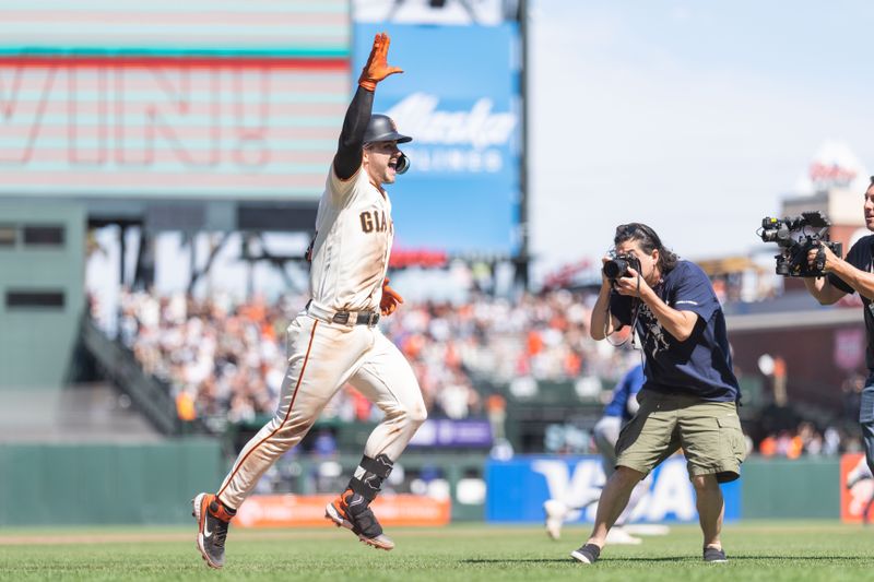 Aug 13, 2023; San Francisco, California, USA; San Francisco Giants catcher Patrick Bailey (14) celebrates after hitting a two-run walk off home run during the tenth inning to defeat the Texas Rangers at Oracle Park. Mandatory Credit: Stan Szeto-USA TODAY Sports