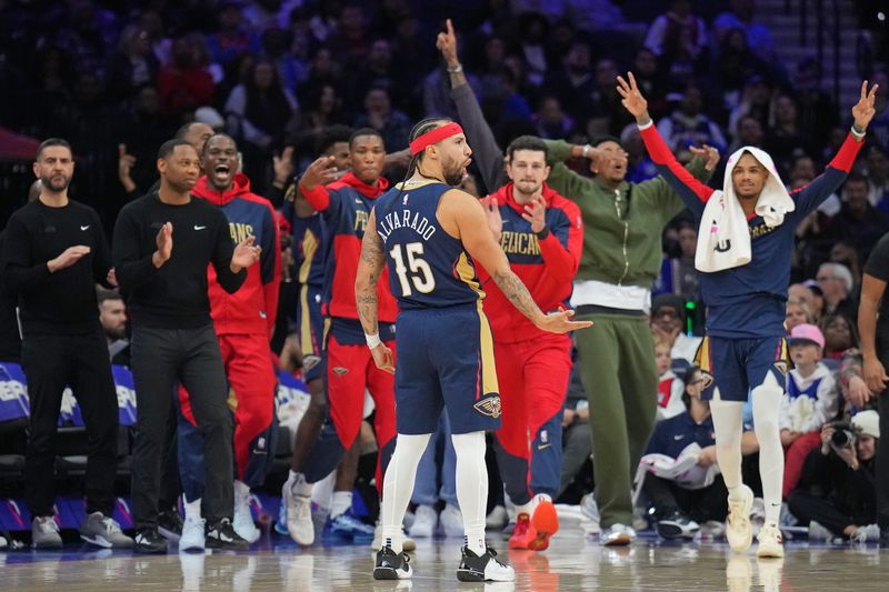 PHILADELPHIA, PA - JANUARY 10: Jose Alvarado #15 of the New Orleans Pelicans celebrates during the game against the Philadelphia 76ers on January 10, 2025 at the Wells Fargo Center in Philadelphia, Pennsylvania NOTE TO USER: User expressly acknowledges and agrees that, by downloading and/or using this Photograph, user is consenting to the terms and conditions of the Getty Images License Agreement. Mandatory Copyright Notice: Copyright 2025 NBAE (Photo by Jesse D. Garrabrant/NBAE via Getty Images)