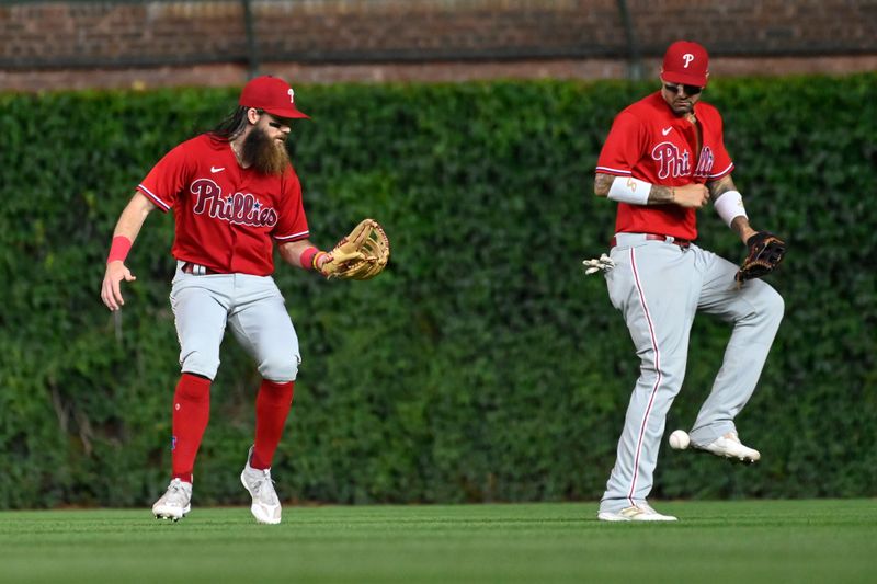 Jun 29, 2023; Chicago, Illinois, USA;  Philadelphia Phillies center fielder Brandon Marsh (16) misses the catch against the Chicago Cubs during the fifth inning at Wrigley Field. Mandatory Credit: Matt Marton-USA TODAY Sports