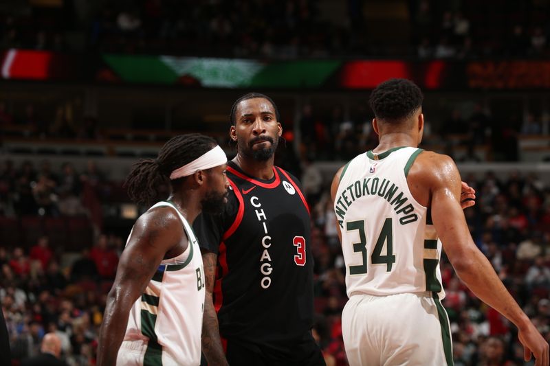 CHICAGO, IL - MARCH 1: Andre Drummond #3 of the Chicago Bulls looks on during the game against the Milwaukee Bucks on March 1, 2024 at United Center in Chicago, Illinois. NOTE TO USER: User expressly acknowledges and agrees that, by downloading and or using this photograph, User is consenting to the terms and conditions of the Getty Images License Agreement. Mandatory Copyright Notice: Copyright 2024 NBAE (Photo by Gary Dineen/NBAE via Getty Images)