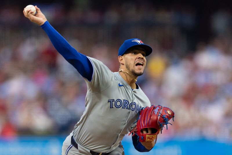 May 7, 2024; Philadelphia, Pennsylvania, USA;  Toronto Blue Jays pitcher José Berríos (17) throws a pitch during the third inning against the Philadelphia Phillies at Citizens Bank Park. Mandatory Credit: Bill Streicher-USA TODAY Sports