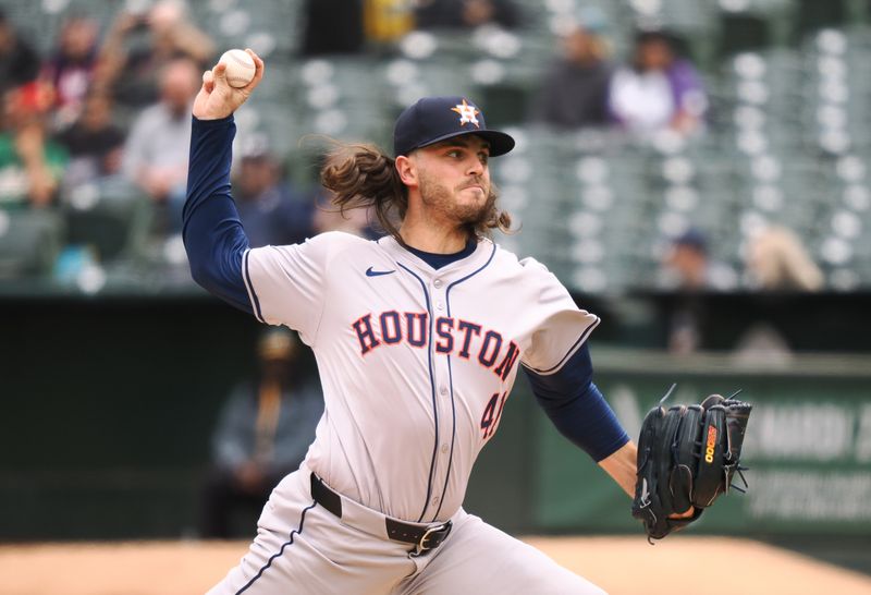 May 25, 2024; Oakland, California, USA; Houston Astros starting pitcher Spencer Arrighetti (41) pitches the ball Oakland Athletics during the first inning at Oakland-Alameda County Coliseum. Mandatory Credit: Kelley L Cox-USA TODAY Sports