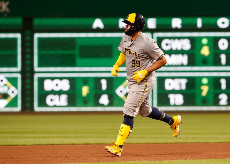 Apr 23, 2024; Pittsburgh, Pennsylvania, USA;  Milwaukee Brewers catcher Gary Sánchez (99) circles the bases on a solo home run against the Pittsburgh Pirates during the eighth inning at PNC Park. Mandatory Credit: Charles LeClaire-USA TODAY Sports