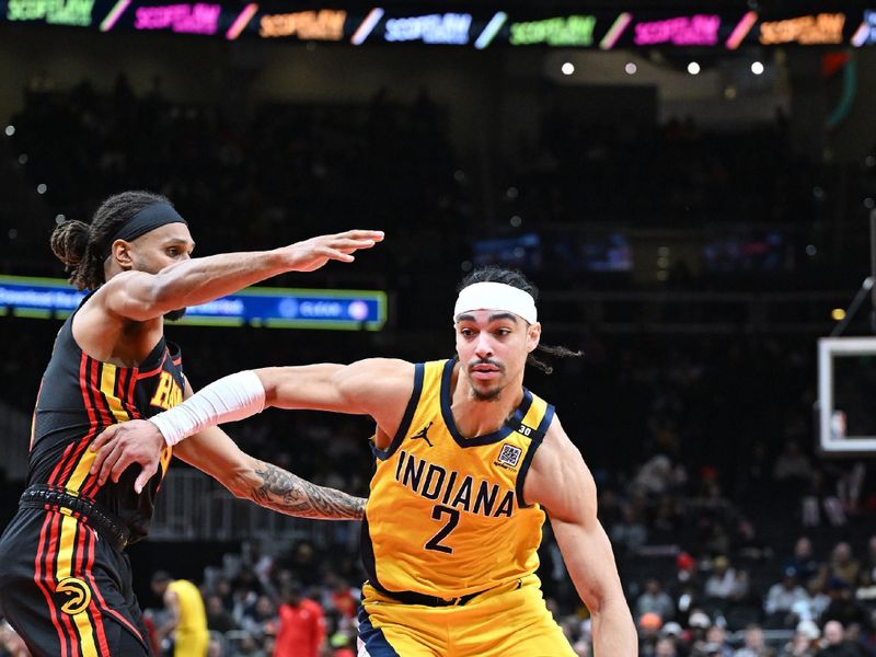 ATLANTA, GA - JANUARY 12: Andrew Nembhard #2 of the Indiana Pacers dribbles the ball during the game against the Atlanta Hawks on January 12, 2024 at State Farm Arena in Atlanta, Georgia.  NOTE TO USER: User expressly acknowledges and agrees that, by downloading and/or using this Photograph, user is consenting to the terms and conditions of the Getty Images License Agreement. Mandatory Copyright Notice: Copyright 2024 NBAE (Photo by Adam Hagy/NBAE via Getty Images)