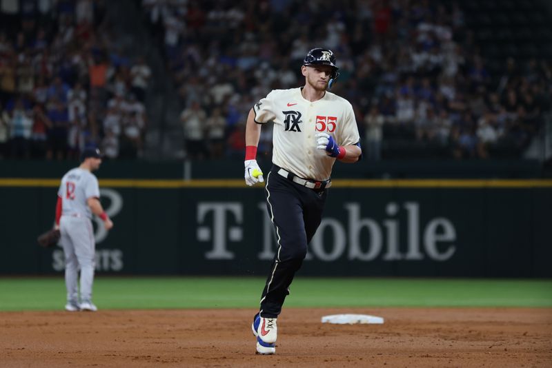 Sep 2, 2023; Arlington, Texas, USA;  Texas Rangers designated hitter Sam Huff (55) rounds the bases after hitting a two run home run against the Minnesota Twins in the second inning  at Globe Life Field. Mandatory Credit: Tim Heitman-USA TODAY Sports