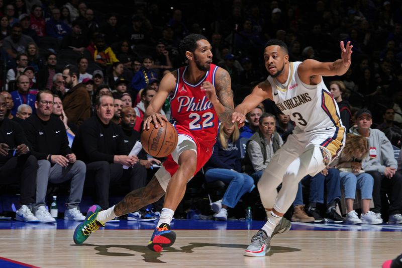 PHILADELPHIA, PA - MARCH 8: Cameron Payne #22 of the Philadelphia 76ers dribbles the ball during the game against the New Orleans Pelicans on March 8, 2024 at the Wells Fargo Center in Philadelphia, Pennsylvania NOTE TO USER: User expressly acknowledges and agrees that, by downloading and/or using this Photograph, user is consenting to the terms and conditions of the Getty Images License Agreement. Mandatory Copyright Notice: Copyright 2024 NBAE (Photo by Jesse D. Garrabrant/NBAE via Getty Images)