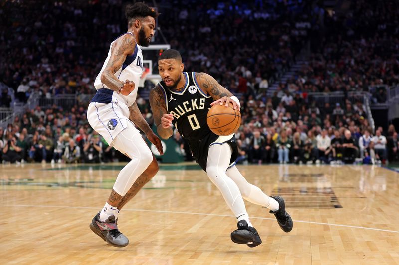 MILWAUKEE, WISCONSIN - NOVEMBER 18: Damian Lillard #0 of the Milwaukee Bucks is defended by Derrick Jones Jr. #55 of the Dallas Mavericks during the first half of a game at Fiserv Forum on November 18, 2023 in Milwaukee, Wisconsin. NOTE TO USER: User expressly acknowledges and agrees that, by downloading and or using this photograph, User is consenting to the terms and conditions of the Getty Images License Agreement. (Photo by Stacy Revere/Getty Images)