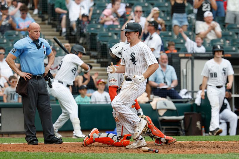Jun 29, 2025; Chicago, Illinois, USA; Chicago White Sox catcher Kyle Teel (8) scores against the San Francisco Giants during the seventh inning at Rate Field. Mandatory Credit: Kamil Krzaczynski-Imagn Images