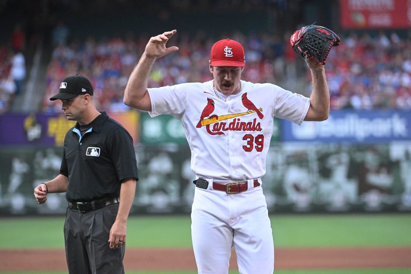 Jul 27, 2023; St. Louis, Missouri, USA; St. Louis Cardinals starting pitcher Miles Mikolas (39) reacts after being ejected in a game against the Chicago Cubs in the first inning at Busch Stadium. Mandatory Credit: Joe Puetz-USA TODAY Sports