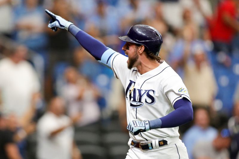 Aug 24, 2023; St. Petersburg, Florida, USA;  Tampa Bay Rays right fielder Josh Lowe (15) reacts after hitting a three run home run against the Colorado Rockies in the eighth inning at Tropicana Field. Mandatory Credit: Nathan Ray Seebeck-USA TODAY Sports