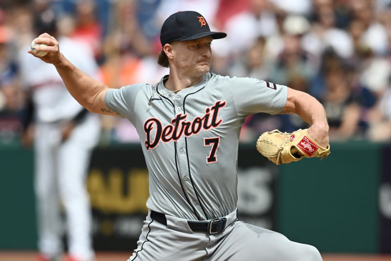 Jul 25, 2024; Cleveland, Ohio, USA; Detroit Tigers relief pitcher Shelby Miller (7) throws a pitch during the ninth inning against the Cleveland Guardians at Progressive Field. Mandatory Credit: Ken Blaze-USA TODAY Sports