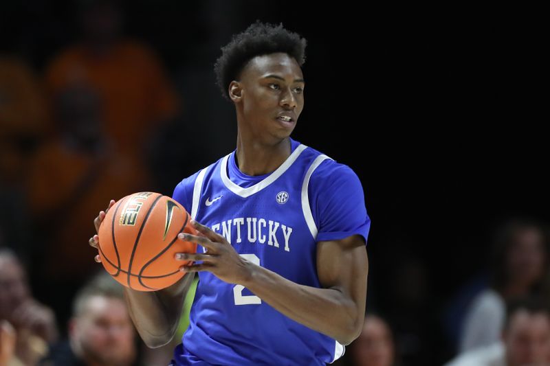 Jan 28, 2025; Knoxville, Tennessee, USA; Kentucky Wildcats guard Jaxson Robinson (2) moves the ball during the first half against the Tennessee Volunteers at Thompson-Boling Arena at Food City Center. Mandatory Credit: Randy Sartin-Imagn Images