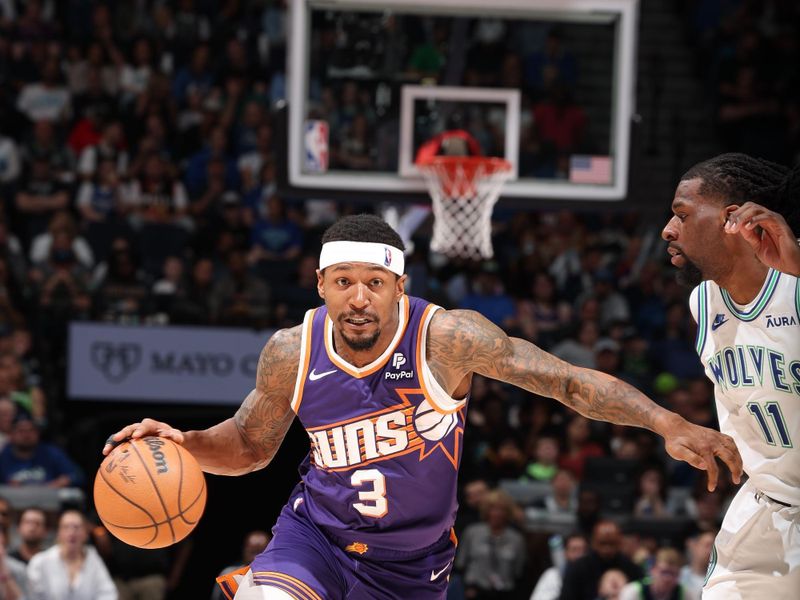 MINNEAPOLIS, MN -  APRIL 14: Bradley Beal #3 of the Phoenix Suns handles the ball during the game against the Minnesota Timberwolves on April 14, 2024 at Target Center in Minneapolis, Minnesota. NOTE TO USER: User expressly acknowledges and agrees that, by downloading and or using this Photograph, user is consenting to the terms and conditions of the Getty Images License Agreement. Mandatory Copyright Notice: Copyright 2024 NBAE (Photo by David Sherman/NBAE via Getty Images)