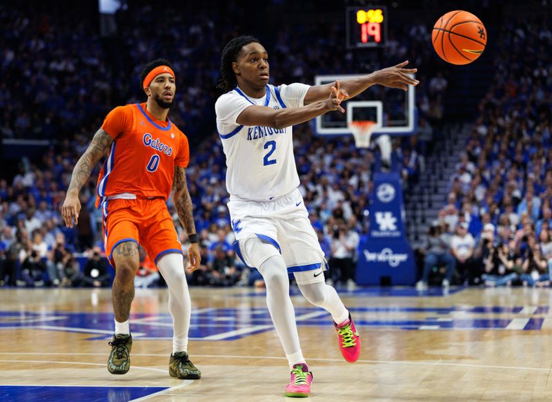 Mar 7, 2026; Lexington, Kentucky, USA; Kentucky Wildcats guard Jasper Johnson (2) passes the ball during the second half against the Florida Gators at Rupp Arena at Central Bank Center. Mandatory Credit: Jordan Prather-Imagn Images