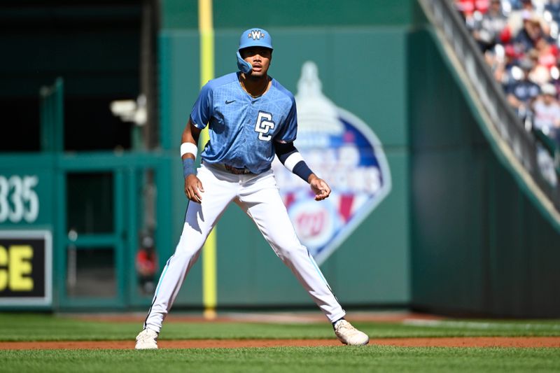 May 10, 2025; Washington, District of Columbia, USA; Washington Nationals designated hitter James Wood (29) on base against the St. Louis Cardinals during the first inning at Nationals Park. Mandatory Credit: Brad Mills-Imagn Images