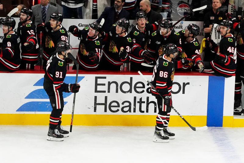 Nov 28, 2025; Chicago, Illinois, USA; Chicago Blackhawks center Teuvo Teravainen (86) celebrates scoring a goal against the Nashville Predators during the third period at United Center. Mandatory Credit: David Banks-Imagn Images