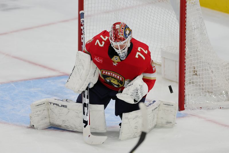 Feb 27, 2024; Sunrise, Florida, USA; Florida Panthers goaltender Sergei Bobrovsky (72) makes a save against the Buffalo Sabres during the first period at Amerant Bank Arena. Mandatory Credit: Sam Navarro-USA TODAY Sports