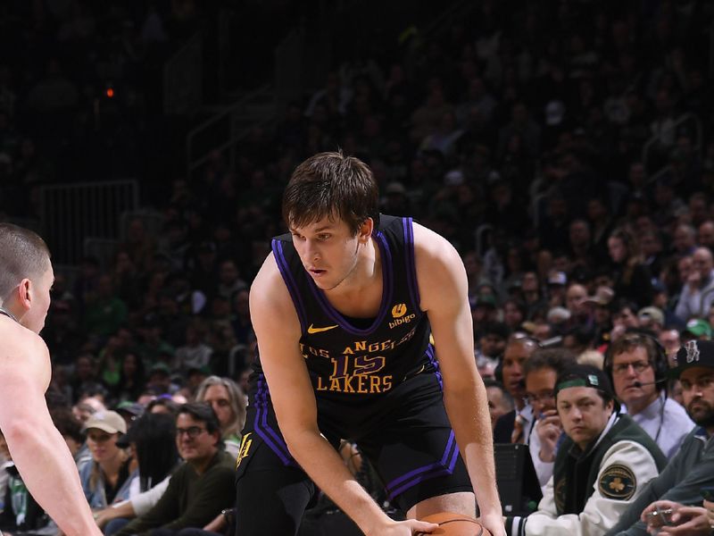 BOSTON, MA - FEBRUARY 1:  Austin Reaves #15 of the Los Angeles Lakers handles the ball during the game  against the Boston Celtics on February 1, 2024 at the TD Garden in Boston, Massachusetts. NOTE TO USER: User expressly acknowledges and agrees that, by downloading and or using this photograph, User is consenting to the terms and conditions of the Getty Images License Agreement. Mandatory Copyright Notice: Copyright 2024 NBAE  (Photo by Brian Babineau/NBAE via Getty Images)
