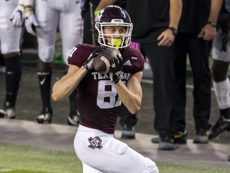 Sep 26, 2020; College Station, Texas, USA;  Texas A&M Aggies wide receiver Caleb Chapman (81) catches a pass against the Vanderbilt Commodores during the first half at Kyle Field.   Mandatory Credit: Maria Lysaker-USA TODAY Sports