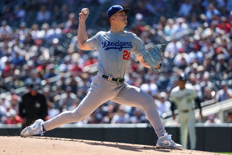 Apr 10, 2024; Minneapolis, Minnesota, USA; Los Angeles Dodgers starting pitcher Bobby Miller (28) delivers a pitch against the Minnesota Twins during the first inning at Target Field. Mandatory Credit: Matt Krohn-USA TODAY Sports
