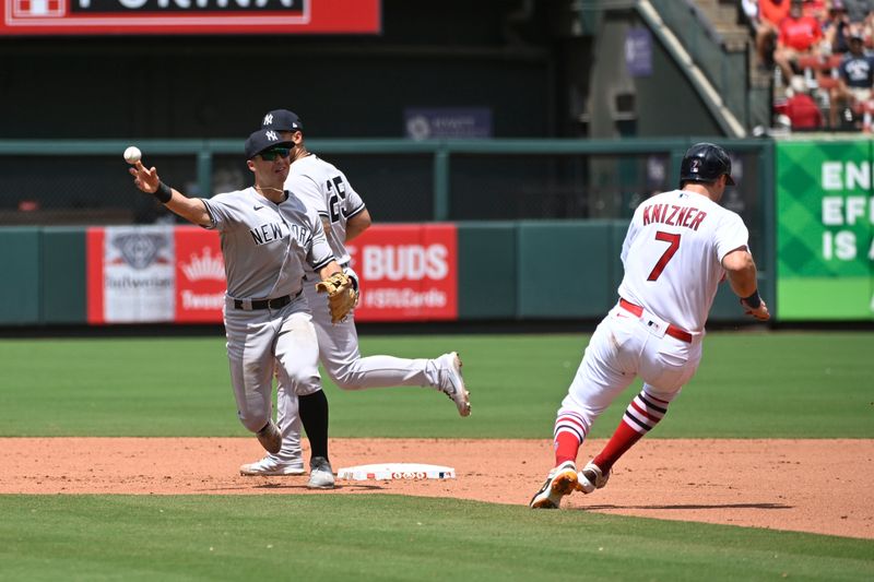 Jul 2, 2023; St. Louis, Missouri, USA; St. Louis Cardinals catcher Andrew Knizner (7) is out at second base as New York Yankees shortstop Anthony Volpe (11) turns a double play in the fourth inning at Busch Stadium. Mandatory Credit: Joe Puetz-USA TODAY Sports