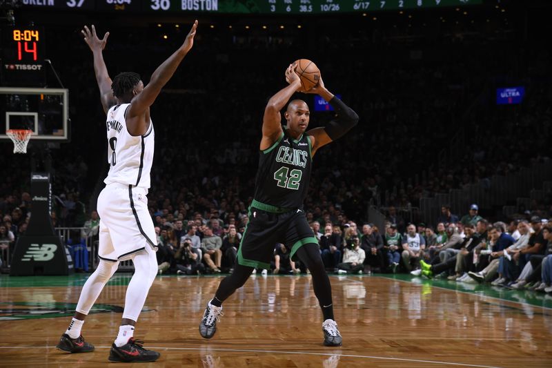 BOSTON, MA - NOVEMBER 8: Al Horford #42 of the Boston Celtics looks to pass the ball during the game against the Brooklyn Nets on November 8, 2024 at TD Garden in Boston, Massachusetts. NOTE TO USER: User expressly acknowledges and agrees that, by downloading and/or using this Photograph, user is consenting to the terms and conditions of the Getty Images License Agreement. Mandatory Copyright Notice: Copyright 2024 NBAE (Photo by Brian Babineau/NBAE via Getty Images)