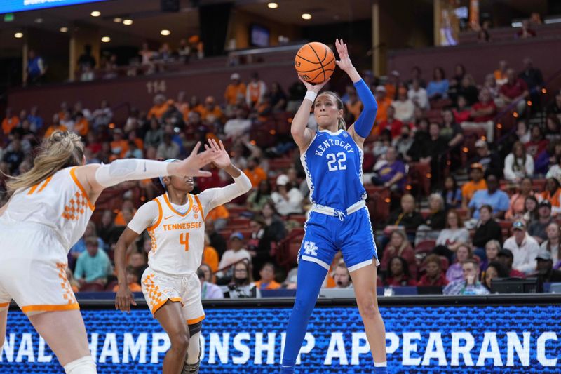 Mar 3, 2023; Greenville, SC, USA; Kentucky Wildcats guard Maddie Scherr (22) shoots the ball over Tennessee Lady Vols forward Karoline Striplin (11) and Tennessee Lady Vols guard Jordan Walker (4) in the first quarter at Bon Secours Wellness Arena. Mandatory Credit: David Yeazell-USA TODAY Sports