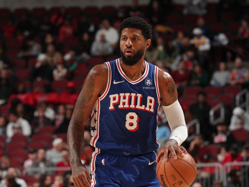 CHICAGO, IL - DECEMBER 8: Paul George #8 of the Philadelphia 76ers dribbles the ball during the game against the Chicago Bulls on December 8, 2024 at United Center in Chicago, Illinois. NOTE TO USER: User expressly acknowledges and agrees that, by downloading and or using this photograph, User is consenting to the terms and conditions of the Getty Images License Agreement. Mandatory Copyright Notice: Copyright 2024 NBAE (Photo by Gary Dineen/NBAE via Getty Images)