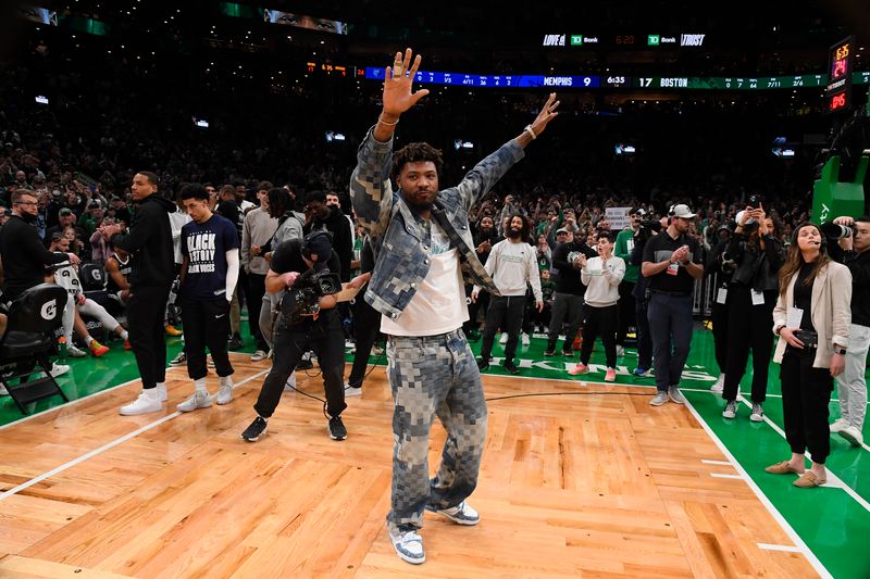 BOSTON, MA - FEBRUARY 4:  Marcus Smart looks on during the game between the Memphis Grizzlies  and Boston Celtics on February 4, 2024 at the TD Garden in Boston, Massachusetts. NOTE TO USER: User expressly acknowledges and agrees that, by downloading and or using this photograph, User is consenting to the terms and conditions of the Getty Images License Agreement. Mandatory Copyright Notice: Copyright 2024 NBAE  (Photo by Brian Babineau/NBAE via Getty Images)