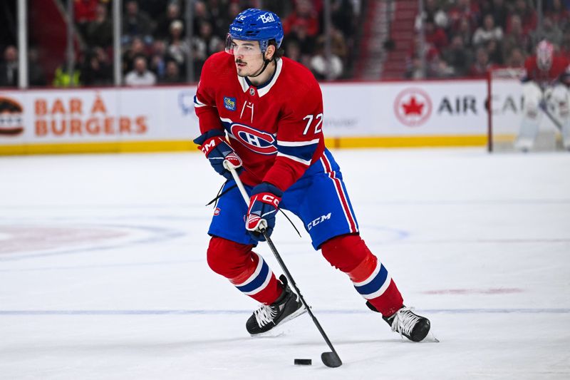 Jan 23, 2024; Montreal, Quebec, CAN; Montreal Canadiens defenseman Arber Xhekaj (72) plays the puck against the Ottawa Senators during the second period at Bell Centre. Mandatory Credit: David Kirouac-USA TODAY Sports