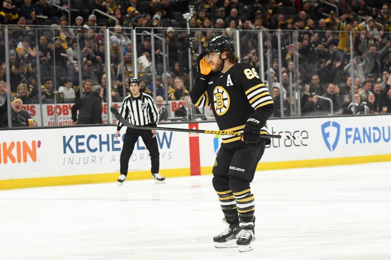 Jan 18, 2024; Boston, Massachusetts, USA; Boston Bruins right wing David Pastrnak (88) reacts after scoring a goal during the first period against the Colorado Avalanche at TD Garden. Mandatory Credit: Bob DeChiara-USA TODAY Sports