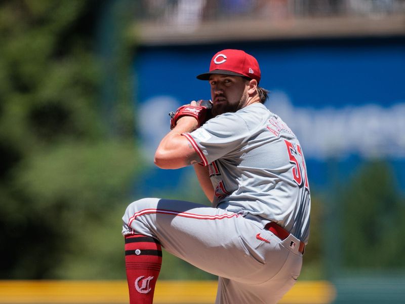 Jun 5, 2024; Denver, Colorado, USA; Cincinnati Reds starting pitcher Graham Ashcraft (51) delivers a pitch against the Colorado Rockies during the first inning at Coors Field. Mandatory Credit: Andrew Wevers-USA TODAY Sports