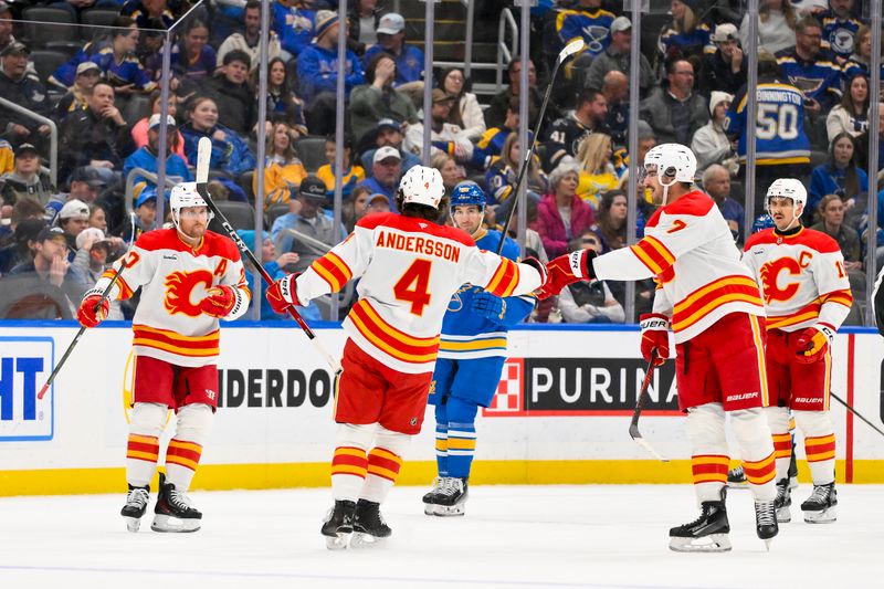 Nov 11, 2025; St. Louis, Missouri, USA; Calgary Flames defenseman Rasmus Andersson (4) is congratulated by teammates after scoring against the St. Louis Blues during the second period at Enterprise Center. Mandatory Credit: Jeff Curry-Imagn Images