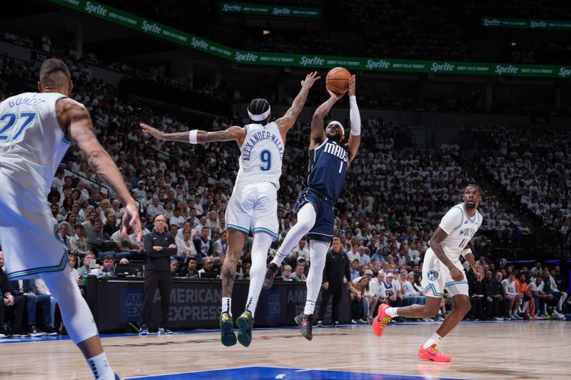 MINNEAPOLIS, MN - MAY 22: Jaden Hardy #1 of the Dallas Mavericks shoots the ball during the game against the Minnesota Timberwolves during Game 1 of the Western Conference Finals of the 2024 NBA Playoffs on May 22, 2024 at Target Center in Minneapolis, Minnesota. NOTE TO USER: User expressly acknowledges and agrees that, by downloading and or using this Photograph, user is consenting to the terms and conditions of the Getty Images License Agreement. Mandatory Copyright Notice: Copyright 2024 NBAE (Photo by Jesse D. Garrabrant/NBAE via Getty Images)