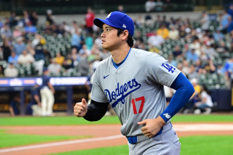 Aug 15, 2024; Milwaukee, Wisconsin, USA;  Los Angeles Dodgers designated hitter Shohei Ohtani (17) warms up before a game against the Milwaukee Brewers at American Family Field. Mandatory Credit: Benny Sieu-USA TODAY Sports