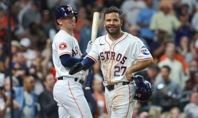 Apr 3, 2024; Houston, Texas, USA; Houston Astros second baseman Jose Altuve (27) reacts after scoring a run during the fourth inning against the Toronto Blue Jays at Minute Maid Park. Mandatory Credit: Troy Taormina-USA TODAY Sports