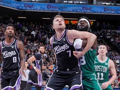 SACRAMENTO, CA - DECEMBER 20:  Sasha Vezenkov #7 of the Sacramento Kings boxes out during the game  on December 20, 2023 at Golden 1 Center in Sacramento, California. NOTE TO USER: User expressly acknowledges and agrees that, by downloading and or using this Photograph, user is consenting to the terms and conditions of the Getty Images License Agreement. Mandatory Copyright Notice: Copyright 2023 NBAE (Photo by Rocky Widner/NBAE via Getty Images)